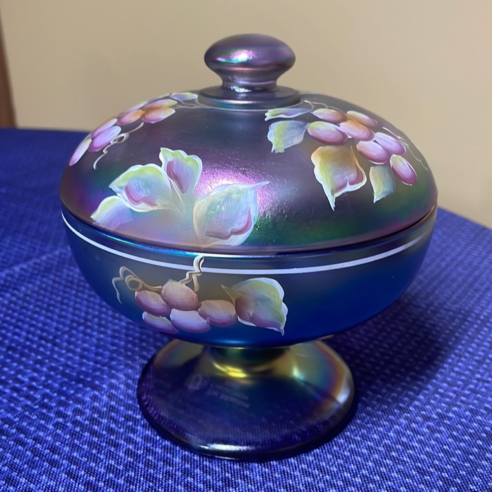Fenton Museum Collection 2002 Compote Candy Dish w/Lid iridescent hand painted